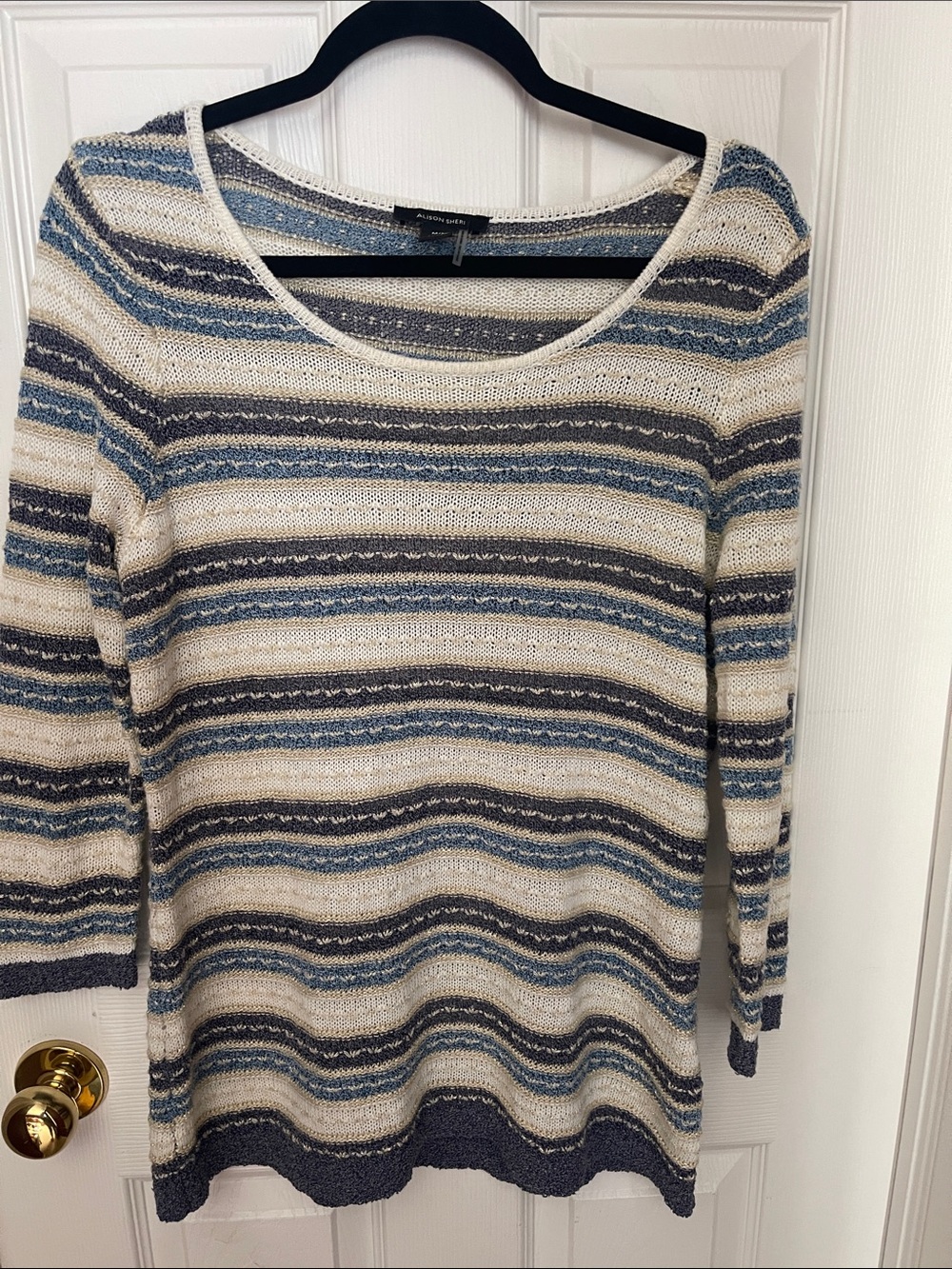 Striped Scoop Neck Knit Top - Blue & Cream with Gold Accents